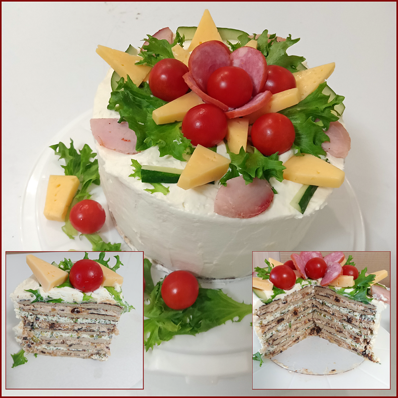Закусочный торт с мясными блинами и черносливом